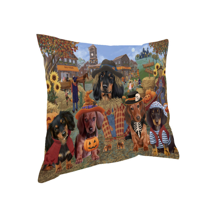 Halloween 'Round Town And Fall Pumpkin Scarecrow Both Dachshund Dogs Pillow PIL82388