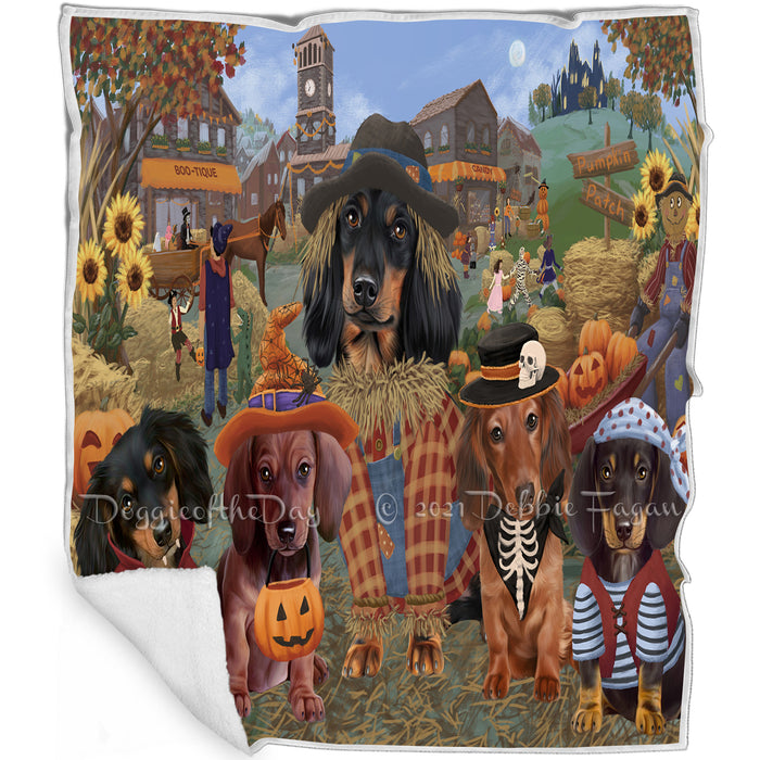 Halloween 'Round Town And Fall Pumpkin Scarecrow Both Dachshund Dogs Blanket BLNKT138935