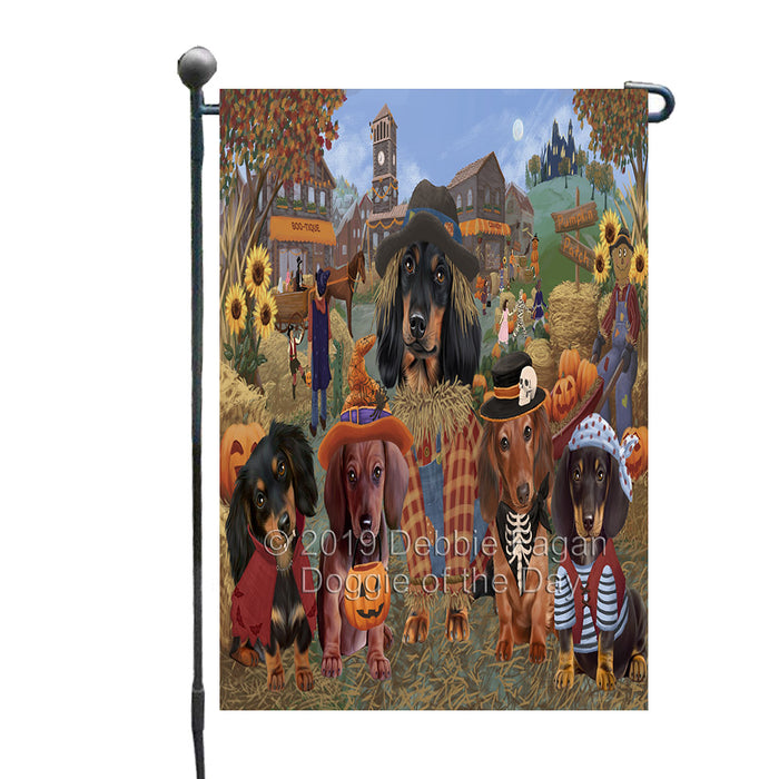 Halloween 'Round Town And Fall Pumpkin Scarecrow Both Dachshund Dogs Garden Flag GFLG65597