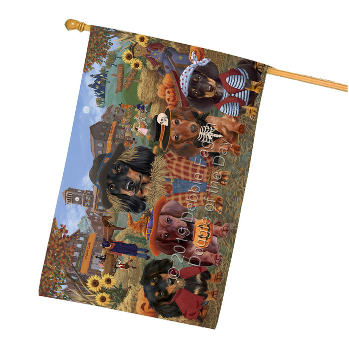 Halloween 'Round Town And Fall Pumpkin Scarecrow Both Dachshund Dogs House Flag FLG65653