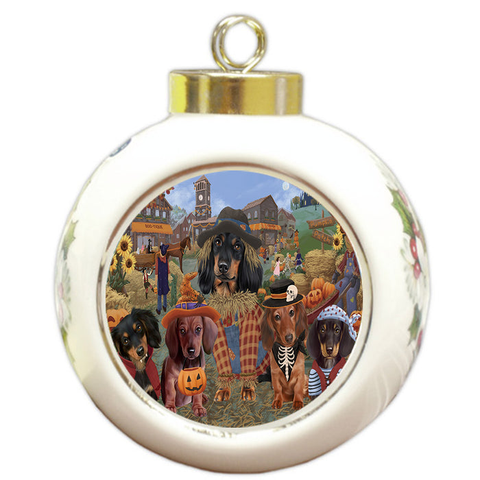 Halloween 'Round Town And Fall Pumpkin Scarecrow Both Dachshund Dogs Round Ball Christmas Ornament RBPOR57401