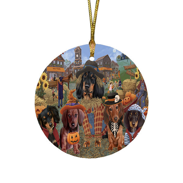 Halloween 'Round Town And Fall Pumpkin Scarecrow Both Dachshund Dogs Round Flat Christmas Ornament RFPOR57401
