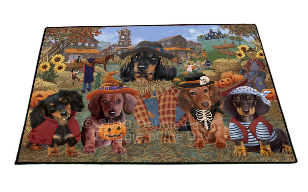 Halloween 'Round Town And Fall Pumpkin Scarecrow Both Dachshund Dogs Floormat FLMS53936