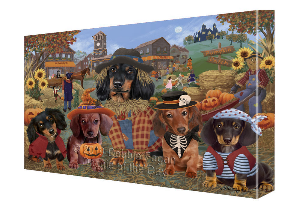 Halloween 'Round Town And Fall Pumpkin Scarecrow Both Dachshund Dogs Canvas Print Wall Art Décor CVS139562
