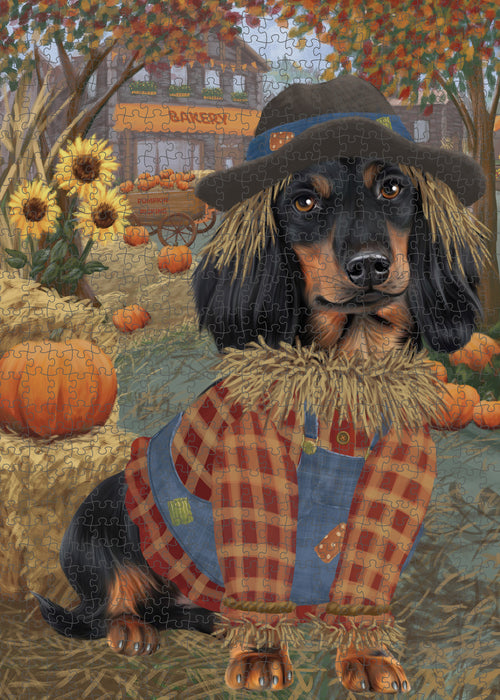 Halloween 'Round Town And Fall Pumpkin Scarecrow Both Dachshund Dogs Puzzle with Photo Tin PUZL96524