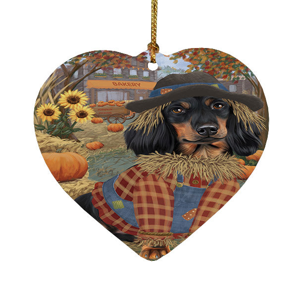 Fall Pumpkin Scarecrow Dachshund Dogs Heart Christmas Ornament HPOR57554