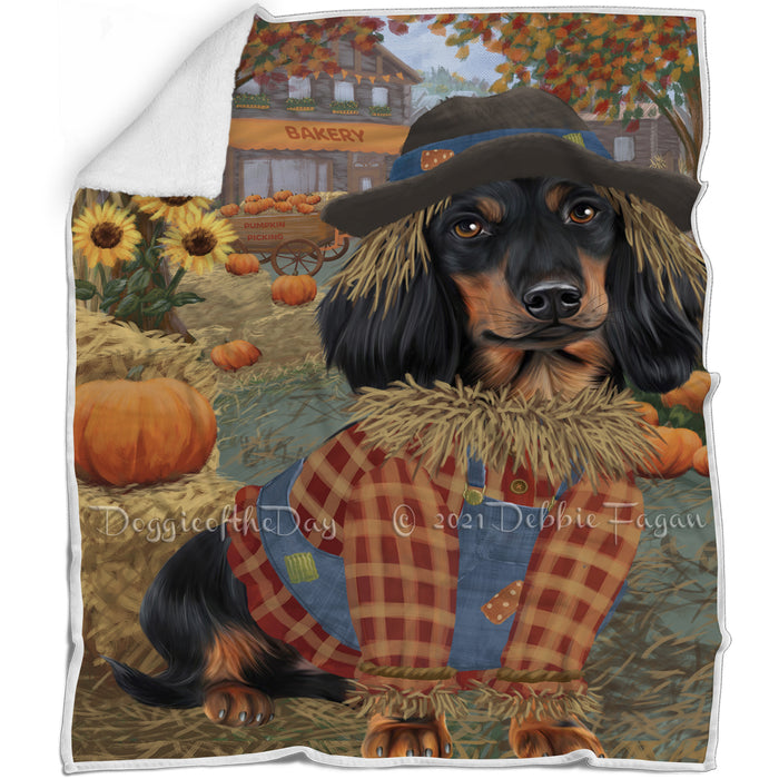 Halloween 'Round Town And Fall Pumpkin Scarecrow Both Dachshund Dogs Blanket BLNKT139448