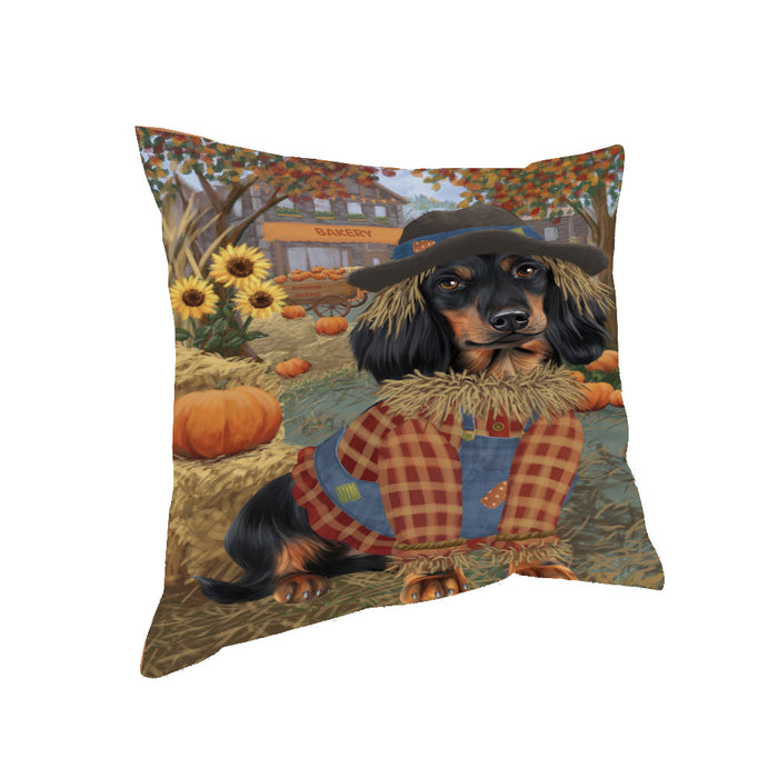 Halloween 'Round Town And Fall Pumpkin Scarecrow Both Dachshund Dogs Pillow PIL82616