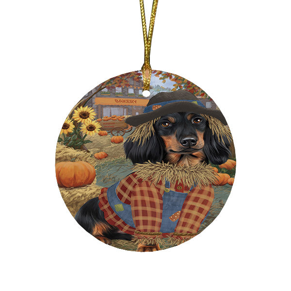 Halloween 'Round Town And Fall Pumpkin Scarecrow Both Dachshund Dogs Round Flat Christmas Ornament RFPOR57458