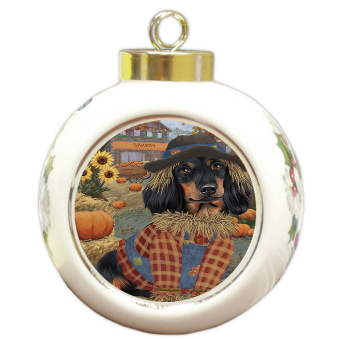 Halloween 'Round Town And Fall Pumpkin Scarecrow Both Dachshund Dogs Round Ball Christmas Ornament RBPOR57458