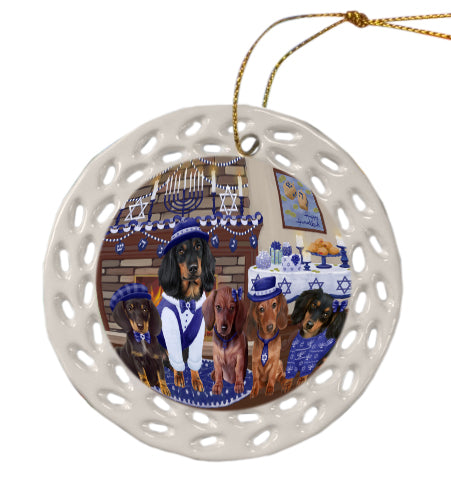 Happy Hanukkah Family Dachshund Dogs Doily Ornament DPOR57973