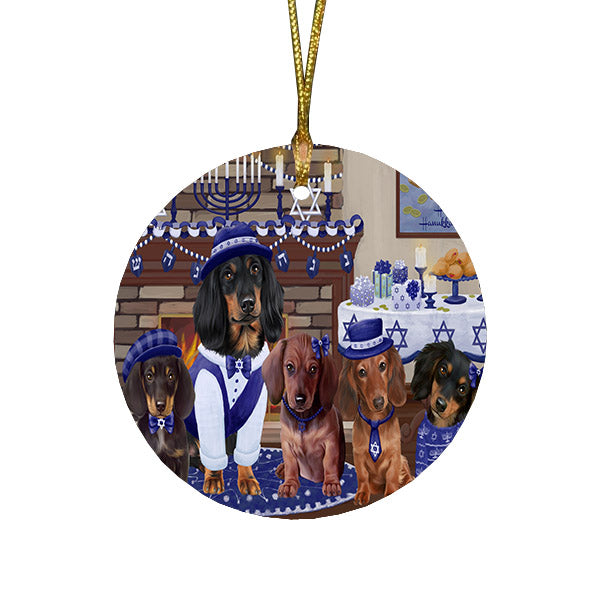 Happy Hanukkah Family and Happy Hanukkah Both Dachshund Dogs Round Flat Christmas Ornament RFPOR57519