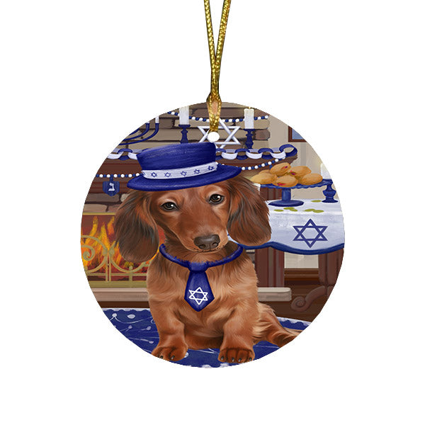 Happy Hanukkah Family and Happy Hanukkah Both Dachshund Dog Round Flat Christmas Ornament RFPOR57575
