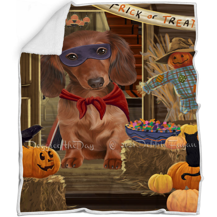 Enter at Own Risk Trick or Treat Halloween Dachshund Dog Blanket BLNKT95286