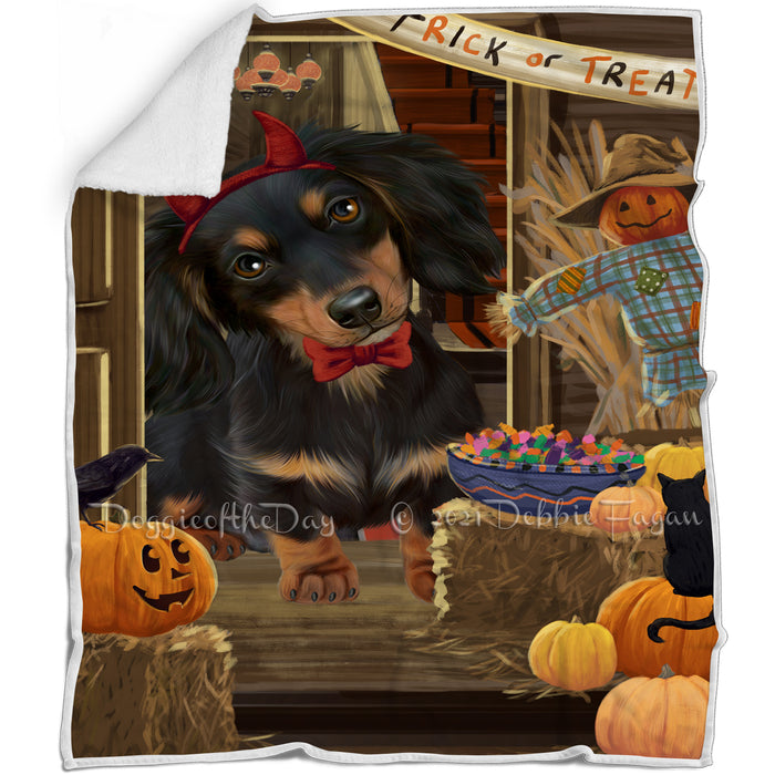 Enter at Own Risk Trick or Treat Halloween Dachshund Dog Blanket BLNKT95304