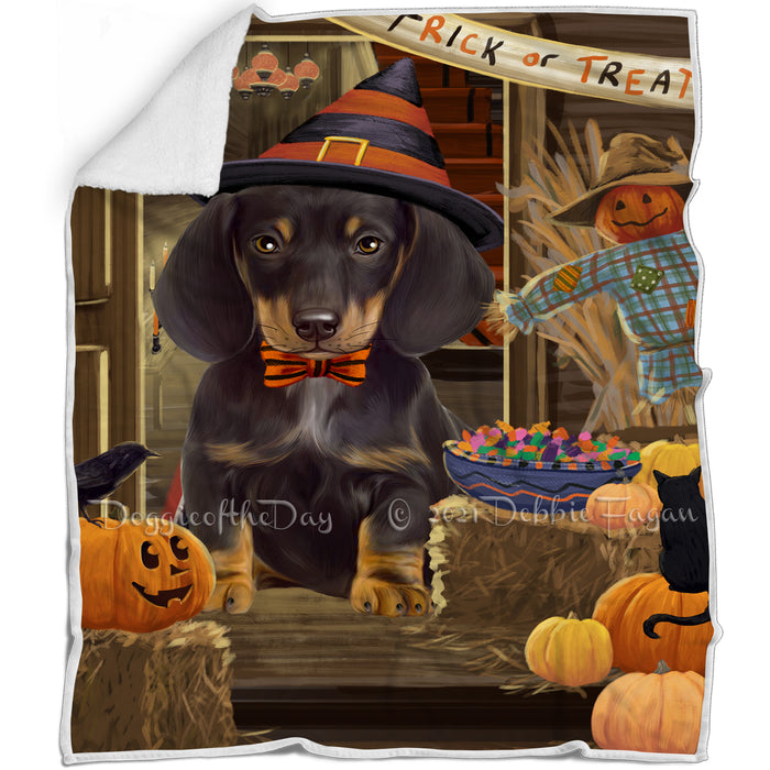 Enter at Own Risk Trick or Treat Halloween Dachshund Dog Blanket BLNKT95313