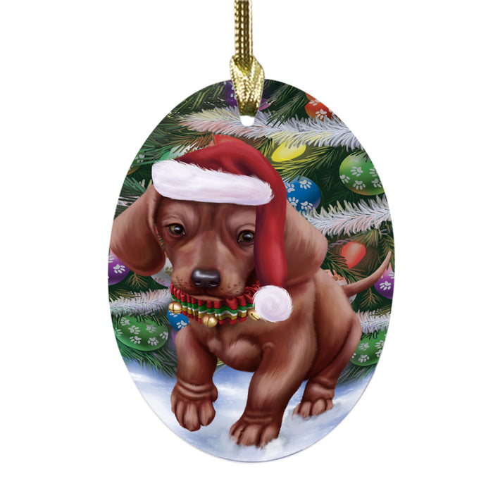Trotting in the Snow Dachshund Dog Oval Glass Christmas Ornament OGOR49434