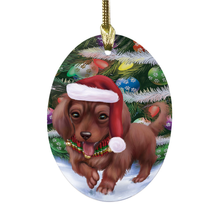 Trotting in the Snow Dachshund Dog Oval Glass Christmas Ornament OGOR49435