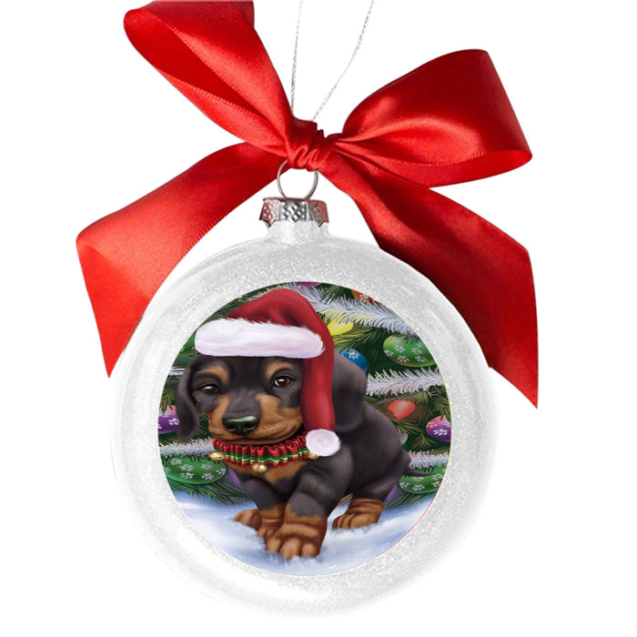 Trotting in the Snow Dachshund Dog White Round Ball Christmas Ornament WBSOR49437
