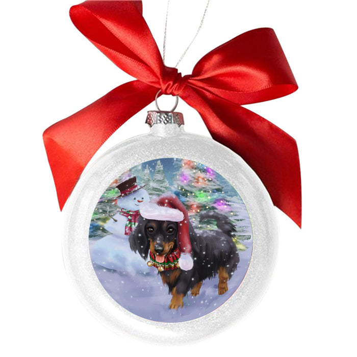 Trotting in the Snow Dachshund Dog White Round Ball Christmas Ornament WBSOR49438