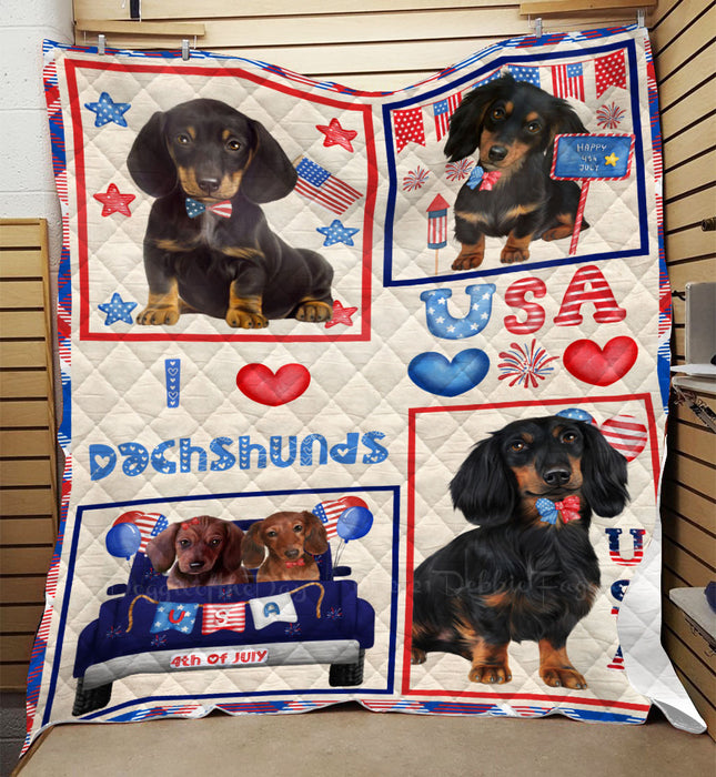 4th of July Independence Day I Love USA Dachshund Dogs Quilt Bed Coverlet Bedspread - Pets Comforter Unique One-side Animal Printing - Soft Lightweight Durable Washable Polyester Quilt