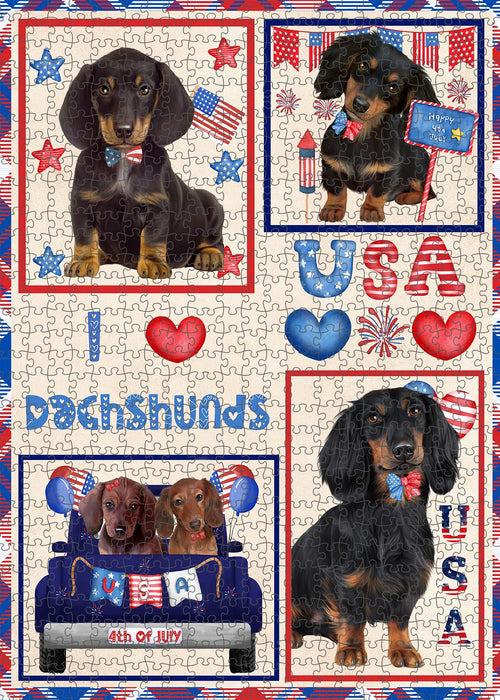 4th of July Independence Day I Love USA Dachshund Dogs Portrait Jigsaw Puzzle for Adults Animal Interlocking Puzzle Game Unique Gift for Dog Lover's with Metal Tin Box