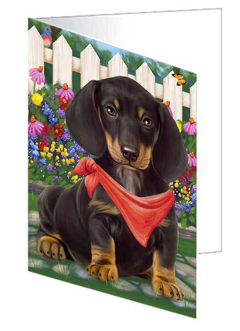 Spring Dog House Dachshunds Dog Handmade Artwork Assorted Pets Greeting Cards and Note Cards with Envelopes for All Occasions and Holiday Seasons GCD53534