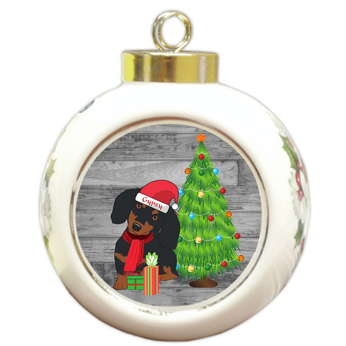 Custom Personalized Dachshund Dog With Tree and Presents Christmas Round Ball Ornament