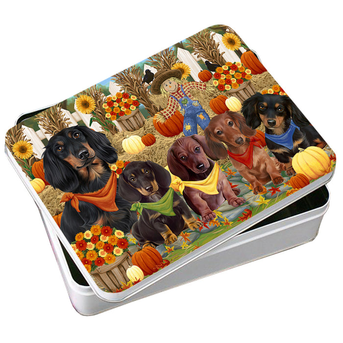 Fall Festive Gathering Dachshunds Dog with Pumpkins Photo Storage Tin PITN50640