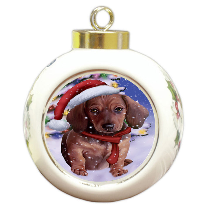 Winterland Wonderland Dachshund Dog In Christmas Holiday Scenic Background  Round Ball Christmas Ornament RBPOR53389