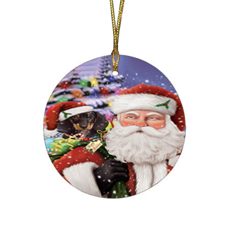 Santa Carrying Dachshund Dog and Christmas Presents Round Flat Christmas Ornament RFPOR53977
