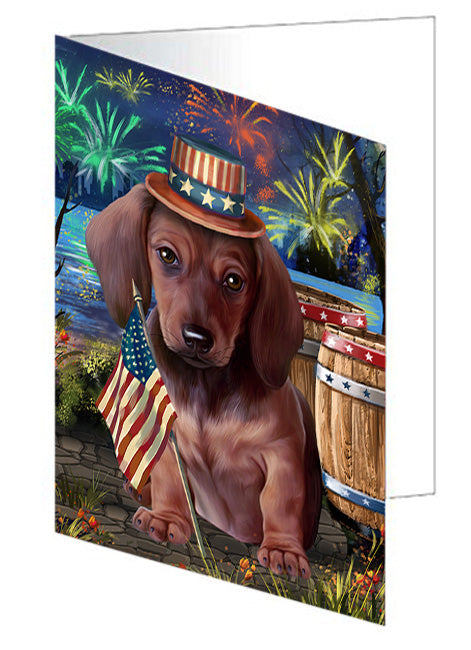 4th of July Independence Day Fireworks Dachshund Dog at the Lake Handmade Artwork Assorted Pets Greeting Cards and Note Cards with Envelopes for All Occasions and Holiday Seasons GCD56915