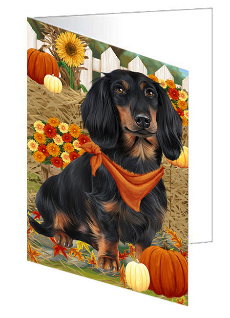 Fall Autumn Greeting Dachshund Dog with Pumpkins Handmade Artwork Assorted Pets Greeting Cards and Note Cards with Envelopes for All Occasions and Holiday Seasons GCD56255