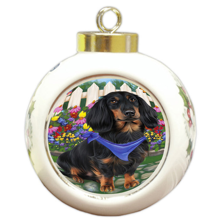 Spring Floral Dachshund Dog Round Ball Christmas Ornament RBPOR49834