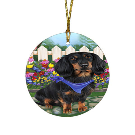 Spring Floral Dachshund Dog Round Flat Christmas Ornament RFPOR49825