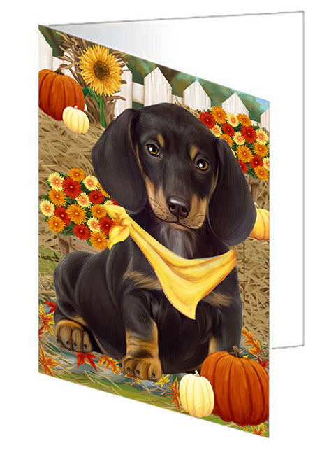 Fall Autumn Greeting Dachshund Dog with Pumpkins Handmade Artwork Assorted Pets Greeting Cards and Note Cards with Envelopes for All Occasions and Holiday Seasons GCD56258