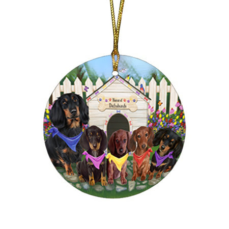 Spring Dog House Dachshunds Dog Round Flat Christmas Ornament RFPOR49826