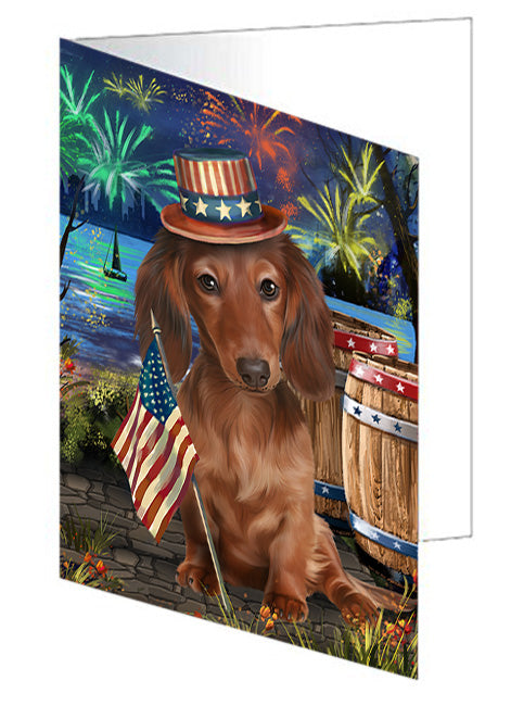 4th of July Independence Day Fireworks Dachshund Dog at the Lake Handmade Artwork Assorted Pets Greeting Cards and Note Cards with Envelopes for All Occasions and Holiday Seasons GCD56918