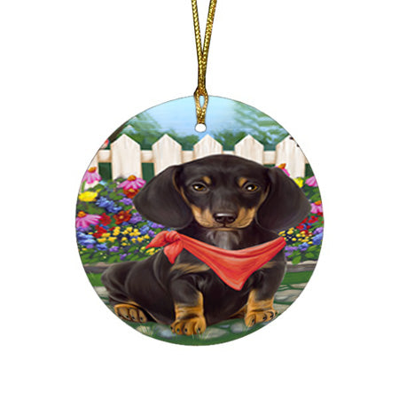 Spring Floral Dachshund Dog Round Flat Christmas Ornament RFPOR49827