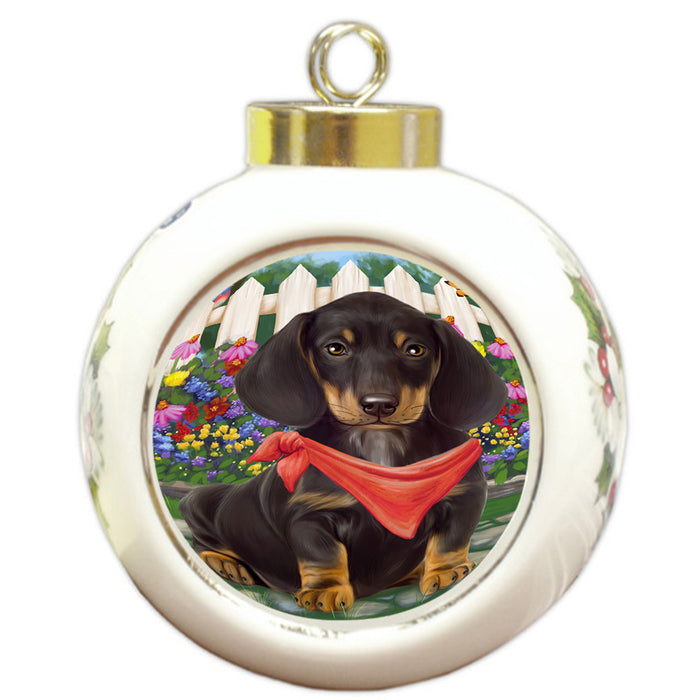 Spring Floral Dachshund Dog Round Ball Christmas Ornament RBPOR49836