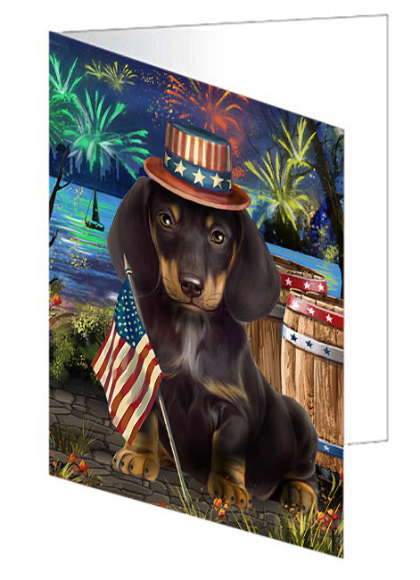 4th of July Independence Day Fireworks Dachshund Dog at the Lake Handmade Artwork Assorted Pets Greeting Cards and Note Cards with Envelopes for All Occasions and Holiday Seasons GCD56921