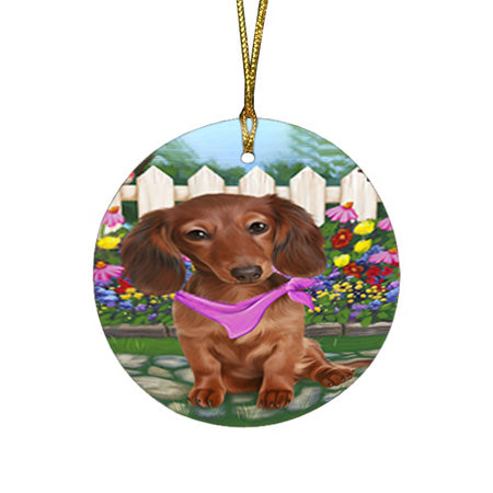Spring Floral Dachshund Dog Round Flat Christmas Ornament RFPOR49828