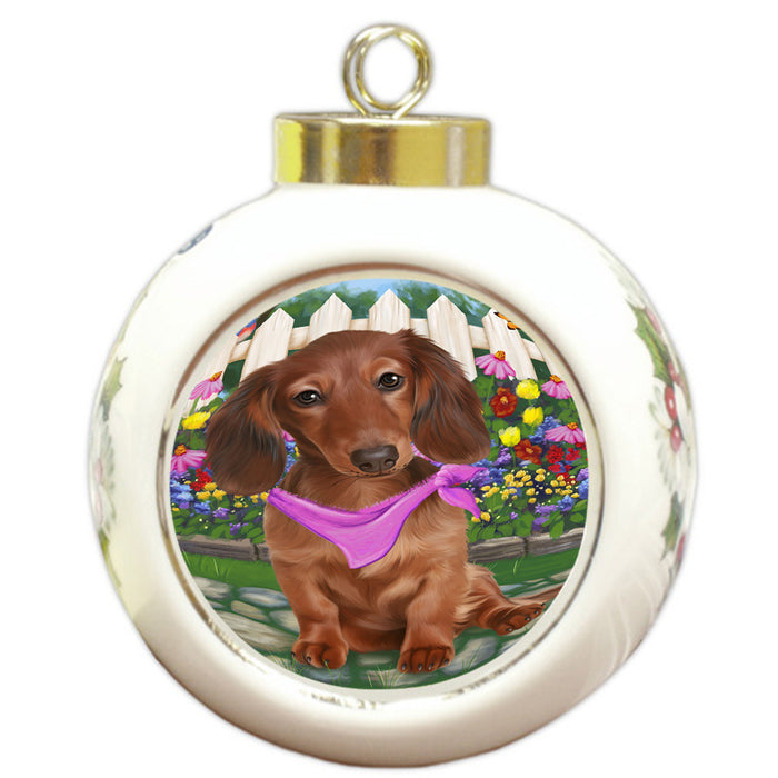 Spring Floral Dachshund Dog Round Ball Christmas Ornament RBPOR49837
