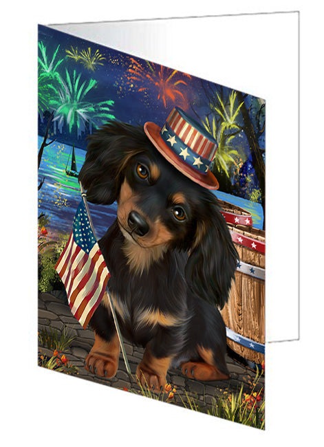 4th of July Independence Day Fireworks Dachshund Dog at the Lake Handmade Artwork Assorted Pets Greeting Cards and Note Cards with Envelopes for All Occasions and Holiday Seasons GCD56924