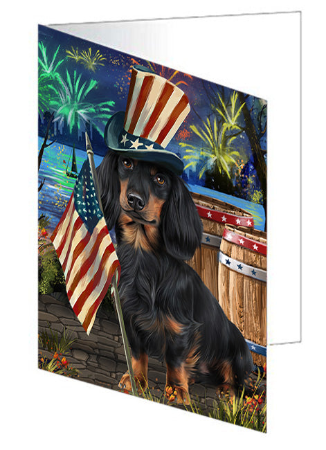 4th of July Independence Day Fireworks Dachshund Dog at the Lake Handmade Artwork Assorted Pets Greeting Cards and Note Cards with Envelopes for All Occasions and Holiday Seasons GCD56927