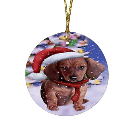 Winterland Wonderland Dachshund Dog In Christmas Holiday Scenic Background  Round Flat Christmas Ornament RFPOR53380