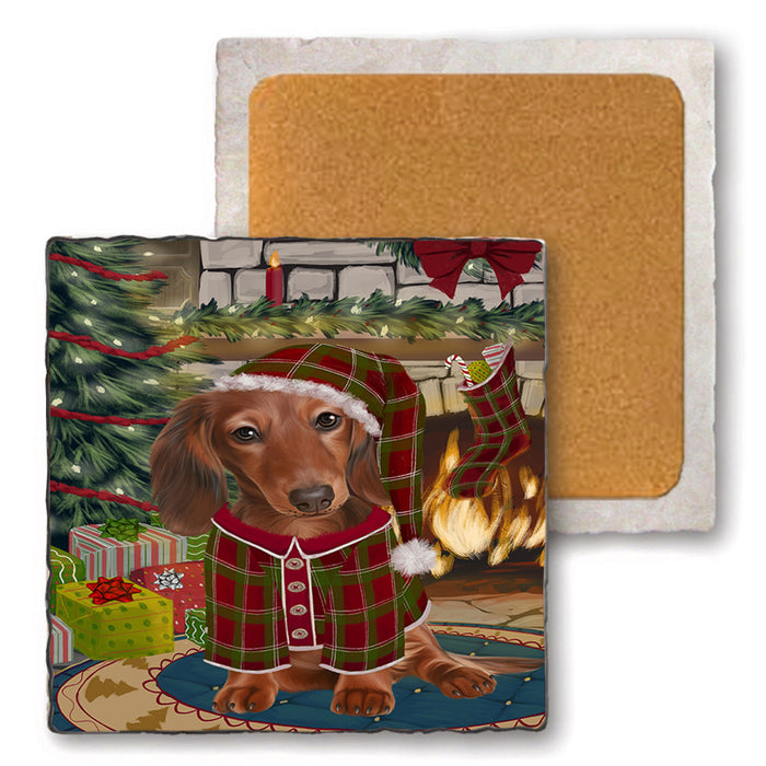 The Stocking was Hung Dachshund Dog Set of 4 Natural Stone Marble Tile Coasters MCST50292