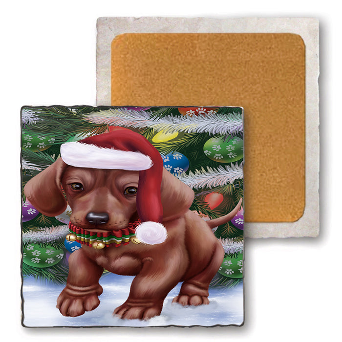 Trotting in the Snow Dachshund Dog Set of 4 Natural Stone Marble Tile Coasters MCST49568