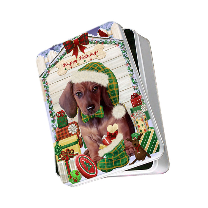 Happy Holidays Christmas Dachshund Dog House with Presents Photo Storage Tin PITN51380