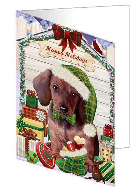 Happy Holidays Christmas Dachshund Dog House with Presents Handmade Artwork Assorted Pets Greeting Cards and Note Cards with Envelopes for All Occasions and Holiday Seasons GCD58169